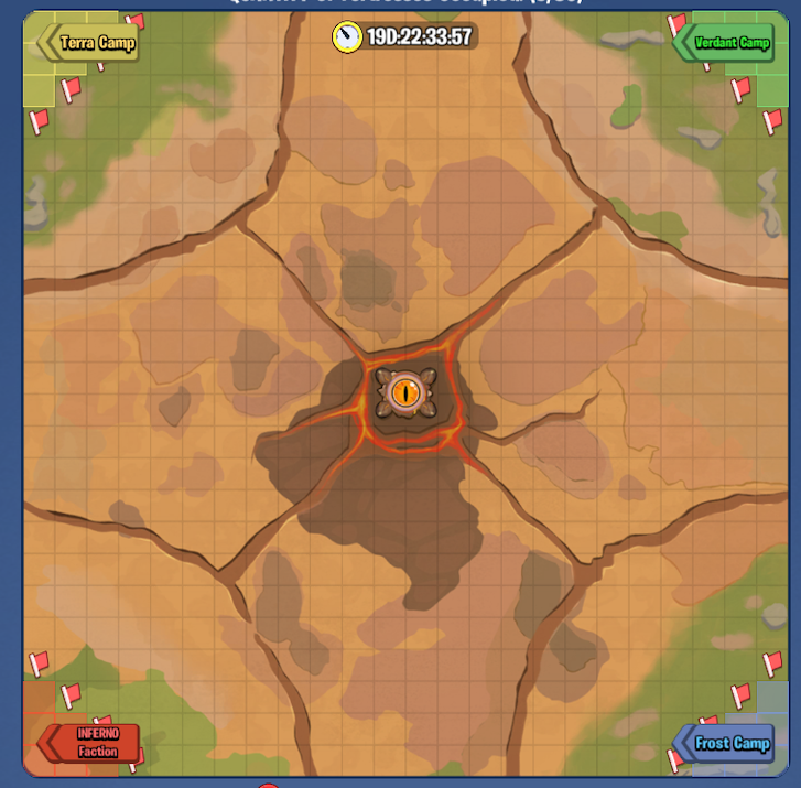 Battle map with Terra Camp at top left, Verdant Camp at top right, Inferno Faction at bottom left and Frost Camp at bottom right.
